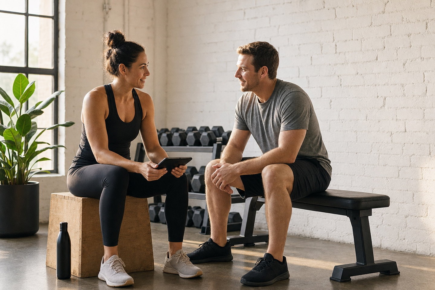 A personal trainer sits on a wooden gym box with a tablet, talking with a client sitting opposite her on a bench in a bright gym